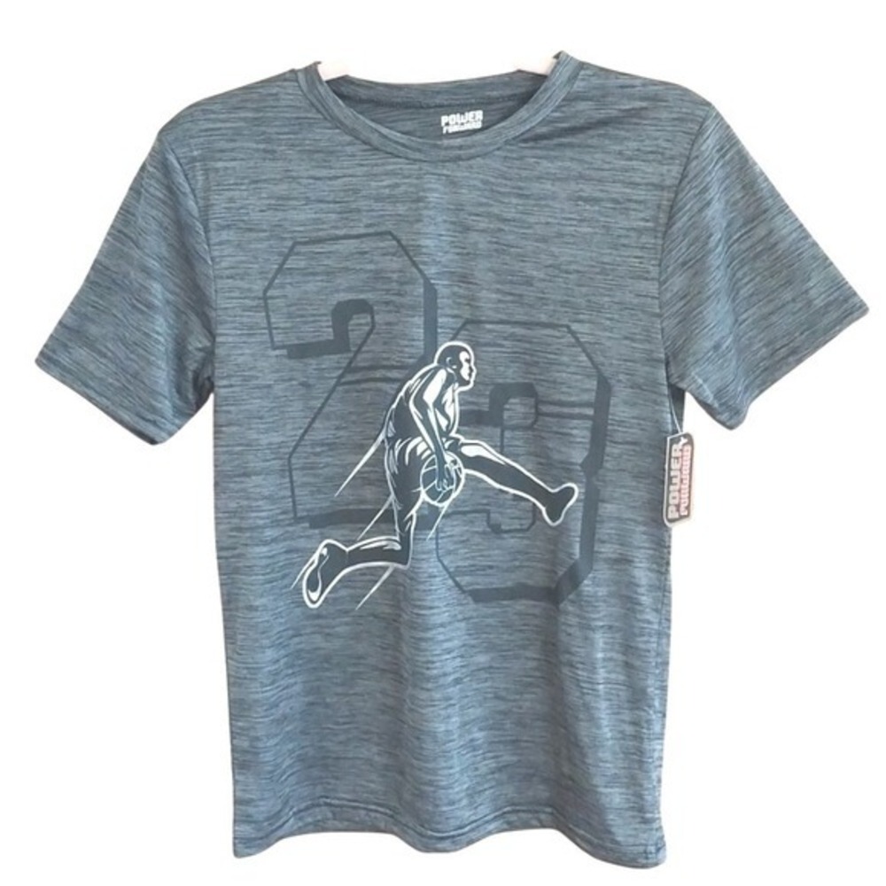 Power Forward NWT Basketball‎ T-Shirt Boys Size 14/16 Grey Black Short Sleeves